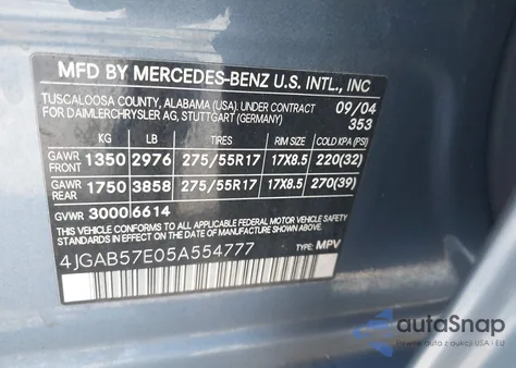 2005 Mercedes-Benz Ml 350 4Matic from USA, damaged, VIN 4JGAB57E05A554777
